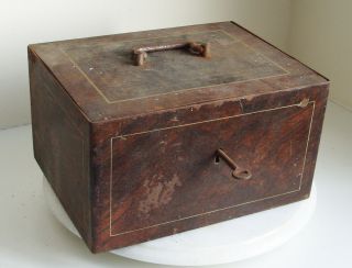 Antique Vintage Japanned Metal Money Cash Tin With Key Deed Box