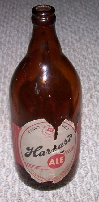 Vintage Harvard Ale Quart Brown Paper Label Beer Bottle Brewing Co Lowell Irtp