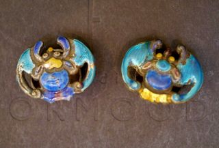 2 Antique Chinese Qing Dynasty Silver & Enamel Imperial Robe Bat Buttons
