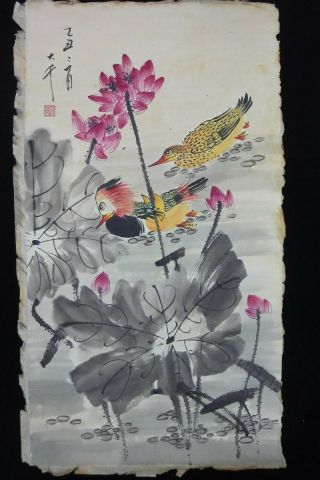Very Large Old Chinese Hand Painting Lotus And Birds " Zhangdaqian " Marks