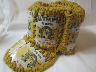Vintage Crochet Olympia Beer Can Hat Gold/ White