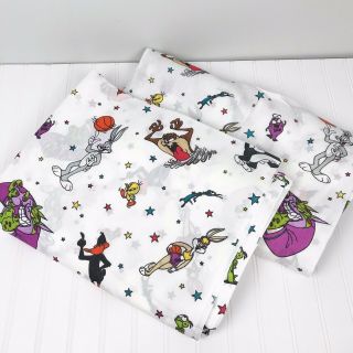 Vintage Space Jam 1996 Looney Tunes White Twin Bed Flat & Fitted Sheets Set
