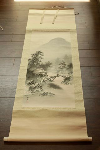 Antique Chinese Watercolor Painting On Linen Scroll 25x75 " Landscape Scenic