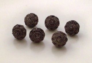 Set Of Six Antique Silver Filigree Chinese Robe Buttons Very Ornate