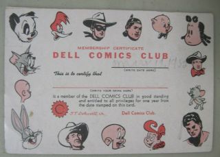 1952 Dell Comics Club Membership Certificate Tom & Jerry Lone Ranger Little Lulu