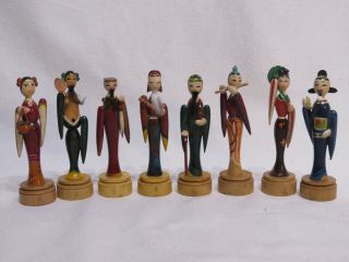 Japanese Wood Hand Painted Figurines Set 8 Very Rare 4¾ " Man/woman/androgynous