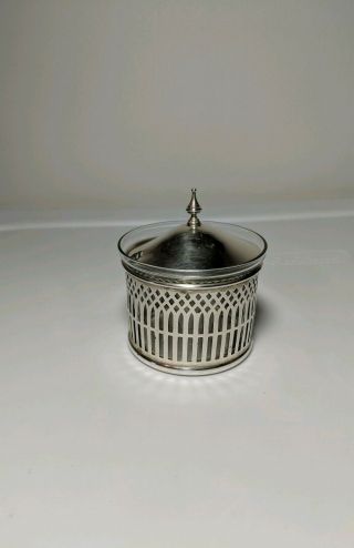 Vintage Sterling Silver Pierced Cut Glass Insert Mustard Jar