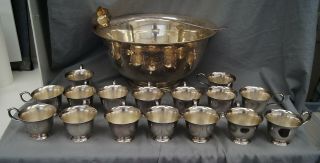 Vintage Complete Punch Bowl Set International Silver Cups Ladle Plated A9145