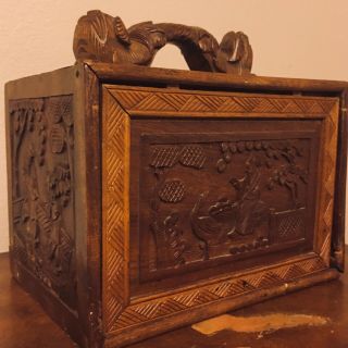 Antique Chinese Carved Multi - Pictorial Scene Box With Hidden Drawers