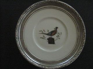 Vintage Frank Whiting Pheasant W/sterling Silver Pierced Floral Rim China Plate