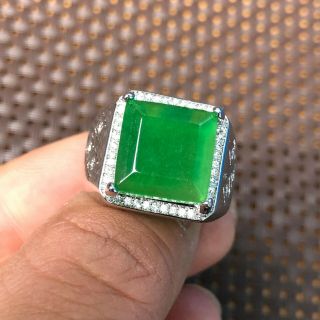 Chinese 925 Silver & Green Jadeite Jade Handwork Collectible Square No.  7 - 12 Ring