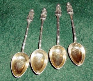 Set Of 4 Antique Solid Silver Chinese Export Figural Spoons 1890 - 1920