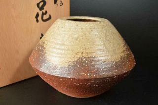 T9132: Japanese Shigaraki - Ware Big Flower Vase Rakusai Made W/signed Box