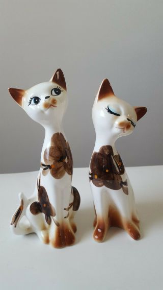 Vtg Long Neck Cat Porcelain Figurines Floral