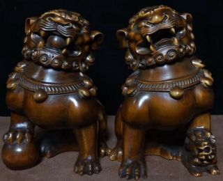Collectable Ancient Boxwood Carve Mighty Lion One Pair Exorcism Old Art Statue