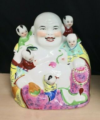 Vintage Chinese Porcelain Happy Buddha Five Children Statue 25 X 22cm 25b