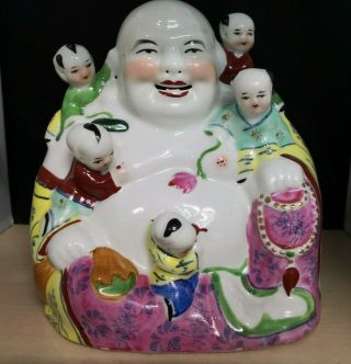 Vintage Chinese Porcelain Happy Buddha Five Children Statue 25 x 22cm 25B 3