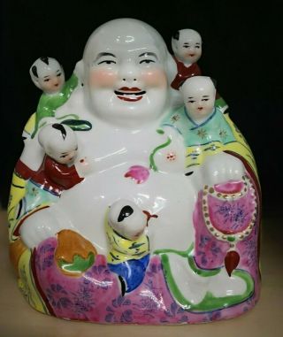 Vintage Chinese Porcelain Happy Buddha Five Children Statue 25 x 22cm 25B 5