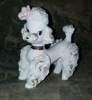 Vintage Spaghetti Poodle Dog Figurine With Pink Flower,  4 " Tall