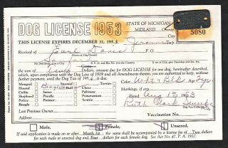 1953 Midland County Michigan Dog License Tag & Receipt 5080