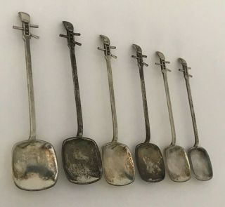 Set of Vintage 950 Sterling Silver Japanese Demitasse Shamisen Instrument Spoons 3