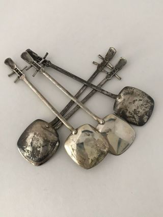 Set of Vintage 950 Sterling Silver Japanese Demitasse Shamisen Instrument Spoons 5
