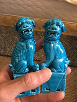 Pair Vintage Chinese Export Porcelain Turquoise Foo Lion Statues Old Asian Ch