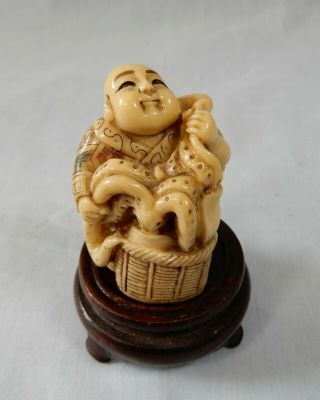 Antique Rare Hand Crafted Japanese Netsuke Man Vendor Eel 1950s Retired