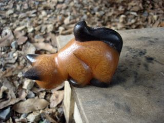 Hand Carved Wooden Cat Figurine Crafted Wood Kitty Kitten Looking Staring Fish