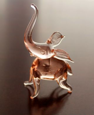 Vintage Hand Blown Glass Pink Elephant Figurine Lucky Trunk Up