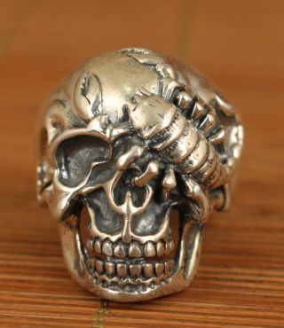 Rare Chinese Old Fine Silver 925 Hand - Carved Skull Scorpion Statue Ring Gift