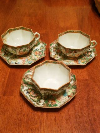 Antique 19th Century Rose Medallion Octagon Plates And Saucers