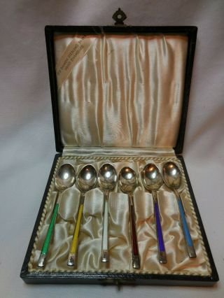 Danish Sterling Silver Hand Enameled Spoon Set.  6 Spoons With Case.