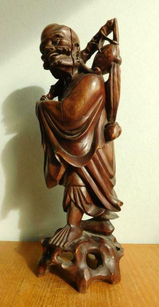 Antique Carved Wood Chinese Shou Lao God Of Longevity Immortal Wise Man Statue