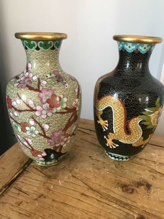 Two Vintage Chinese Enamel Vases.  1 Black And Gold Dragon /1 All Gold Redfloral