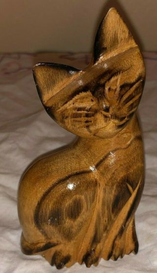 Vintage Hand - Carved Wood Cat Figurine 4 1/2 " High - Philippines