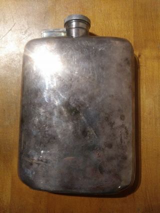 16 Oz Antique Vintage Ep Silver Hip Flask Hinged Lid.  Marking On Bottom.