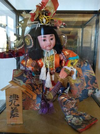 Vintage Japanese Samurai Warrior Doll in Black Lacquer Glass Case 2