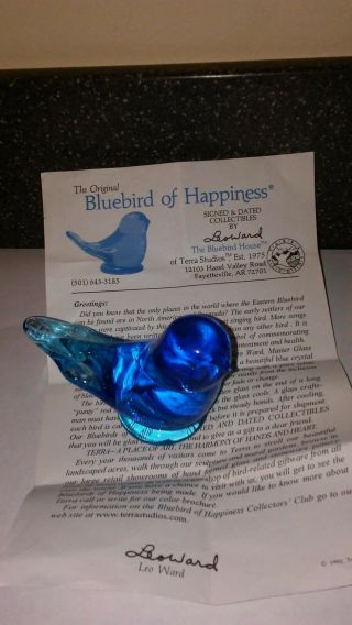 Blue Glass Bird Bluebird Of Happiness Figurine Signed & Dated Leo Ward 1995