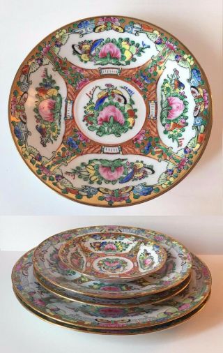 Five (5) Antique Hand Painted Chinese Rose Medallion Porcelain Plates,  Signed