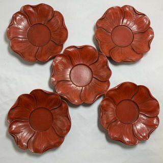 Japanese Lacquer Ware Wooden Coaster Saucer Vtg Chataku 5pc Set Red Round Flower