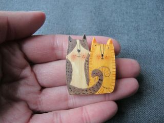 Vintage Cute Folk Art Hand Painted Resin? Loving Cats Pin