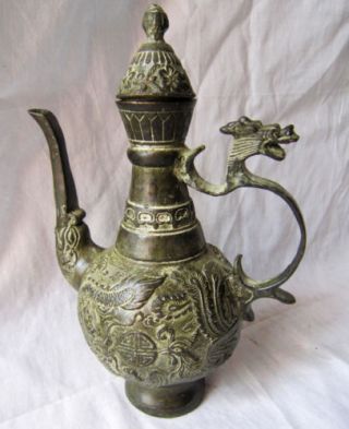 Chinese Bronze Hand - Carved Dragon Phoenix Teapot With Kangxi Mark