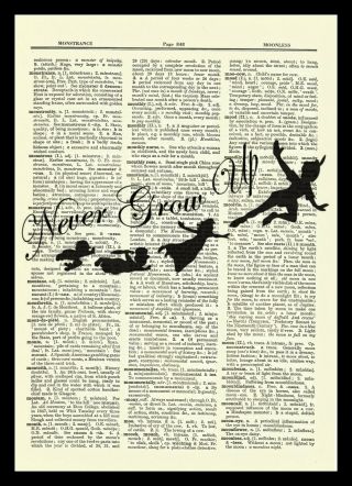 Peter Pan Dictionary Art Print Poster Picture Book Disney Quote Never Grow Up