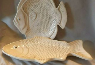 Set Of Two White Glazed Ceramic Nautical Fish Trinket Spoon Rest Dishes