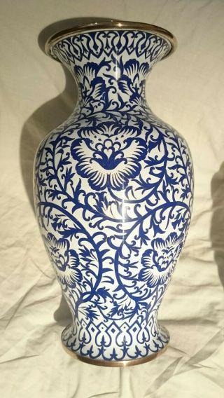 Vintage Large Enamel Vase Copper With Blue & White Enamel Pattern Statement