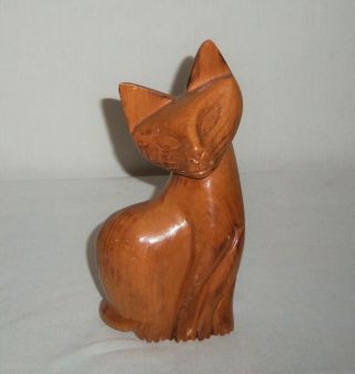 Vtg Wood Wooden Carved Cat Figurine Statue 6 "