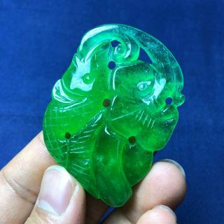 Rare Collectible Chinese Handwork Green Ice Jadeite Jade Fish Spit Ruyi Pendant