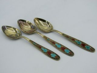 Antique Adam Yuden Multi - Color Floral Enamel Vermeil 875 Russian Silver Spoons