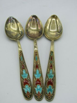 Antique Adam Yuden Multi - Color Floral Enamel Vermeil 875 Russian Silver Spoons 2